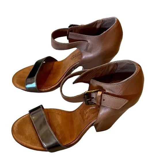 LATITUDE I FEMME Italian Natural Leather & Metallic Block Heels Size 37 or 7.5 - Picture 8 of 14